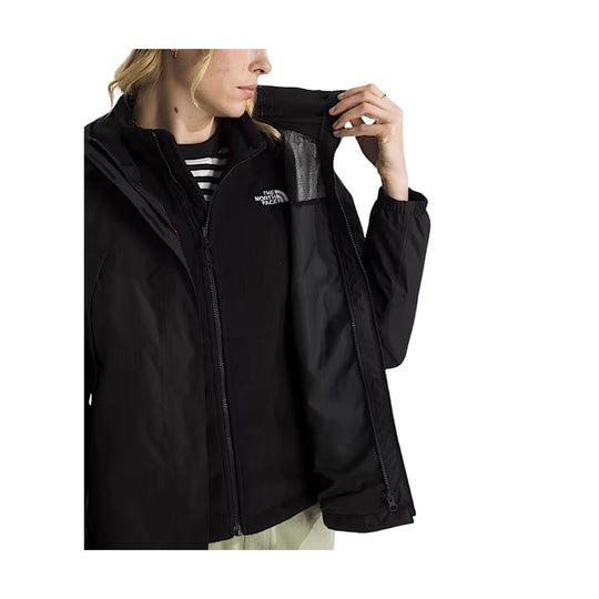 Black zip-front jacket with mesh paneling and a hooded collar, shown open at the front