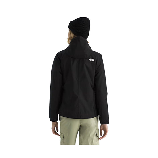 Black hooded jacket shown from the back, with a small logo on the upper right back