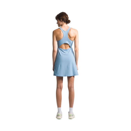 Light blue sleeveless athletic dress with open back, shown from the rear