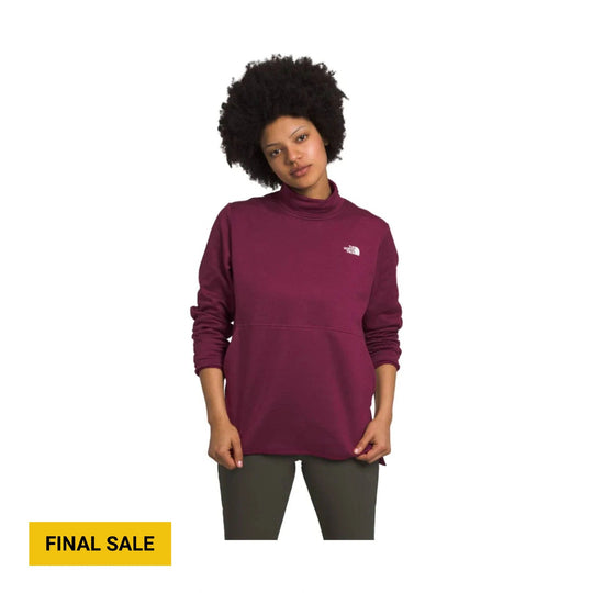 Maroon long-sleeve mock-neck tunic sweatshirt with a small chest logo