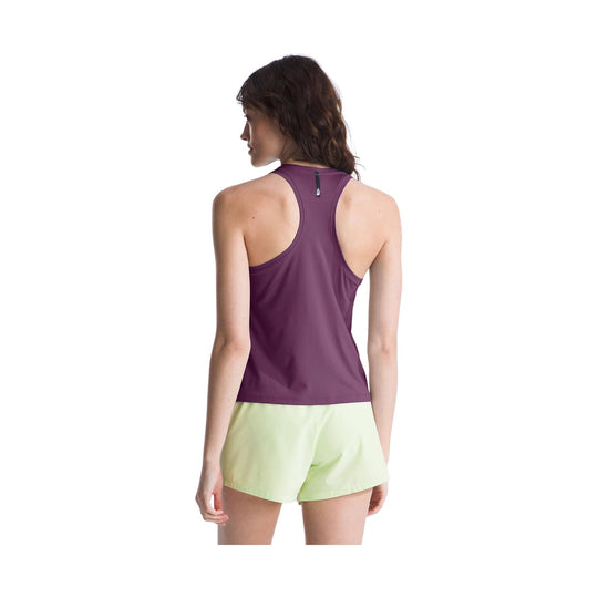 Women’s purple racerback athletic tank top shown from the back with a small logo tag at the upper center.