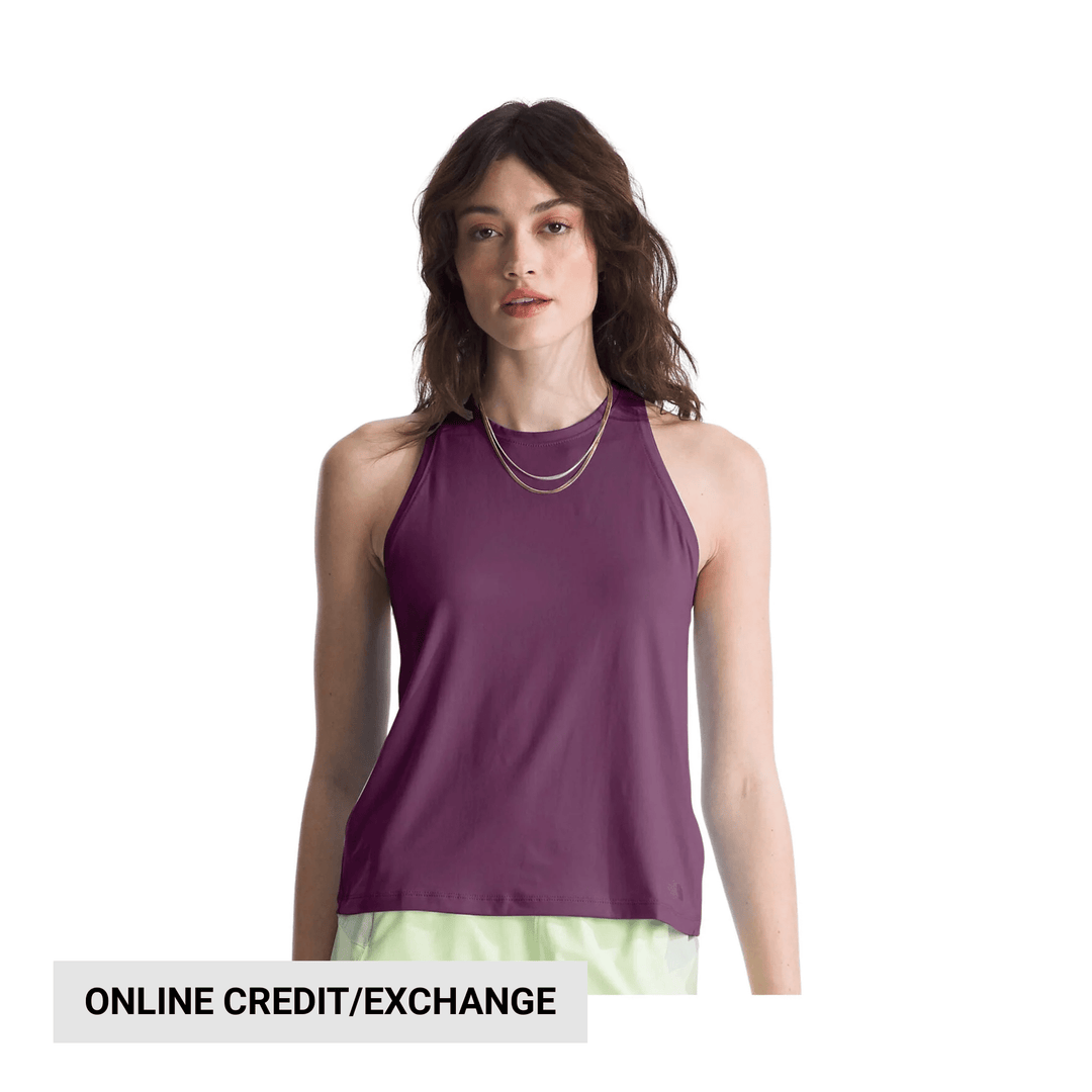 Purple sleeveless athletic tank top on a model, front view