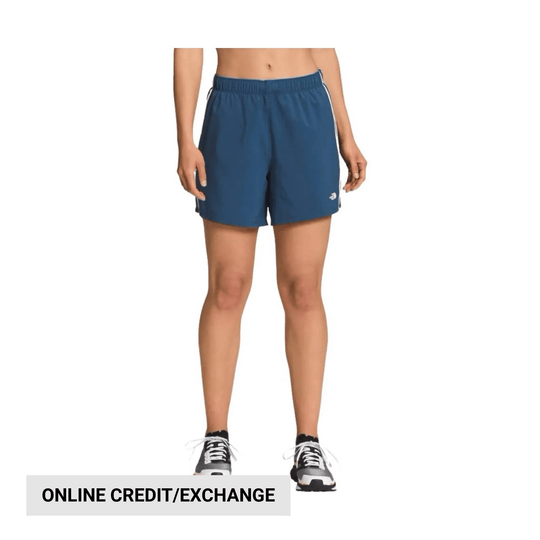 Blue women’s running shorts with elastic waistband and small logo at hem
