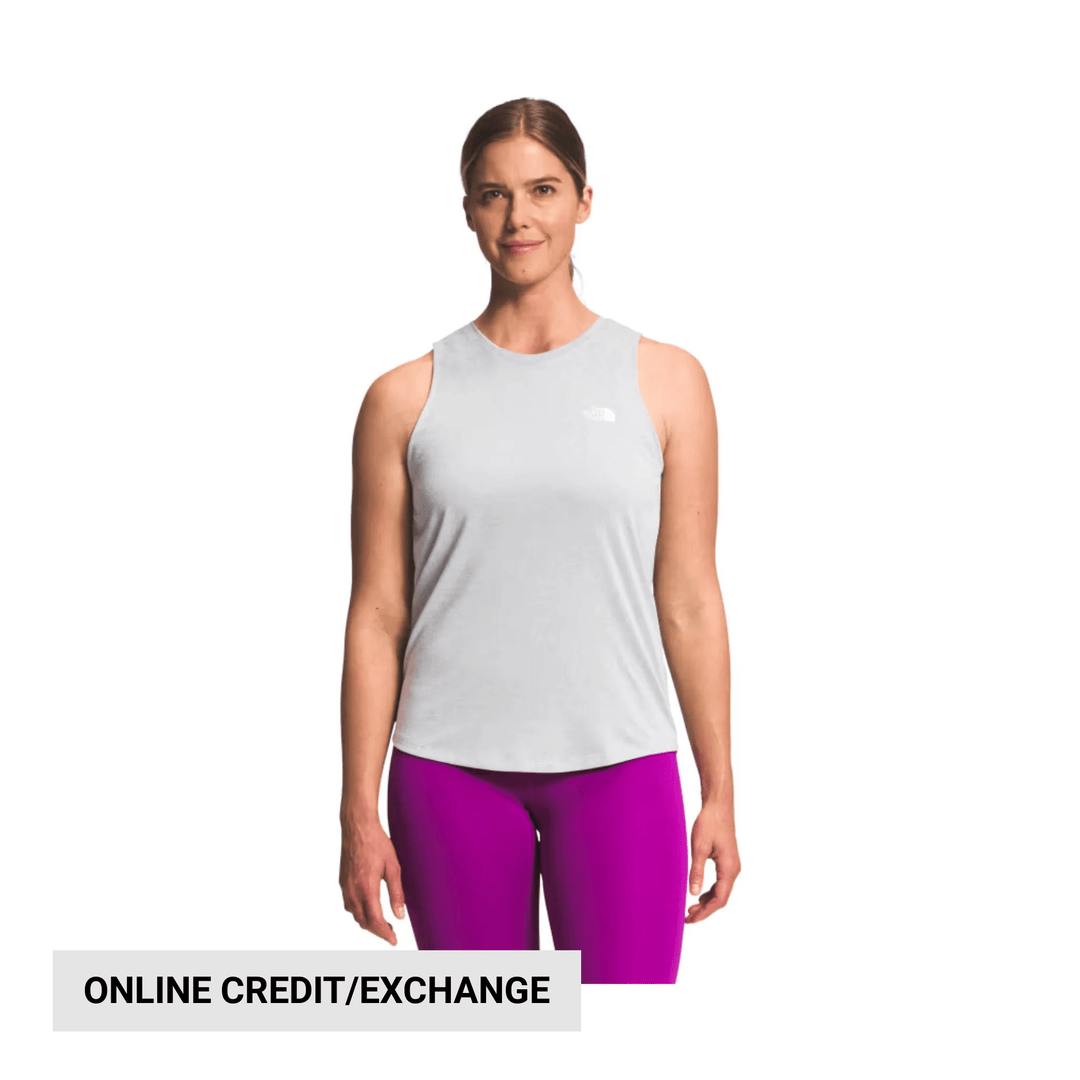 Light gray sleeveless athletic tank top with a small chest logo, shown on a model