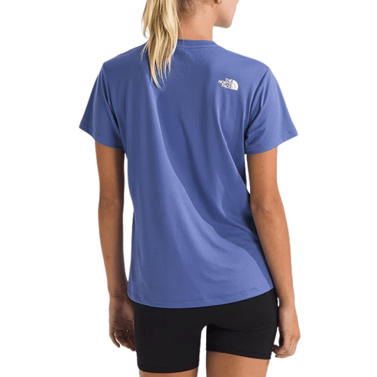 Blue short-sleeve athletic T-shirt shown from the back with a small white The North Face logo at the upper right shoulder
