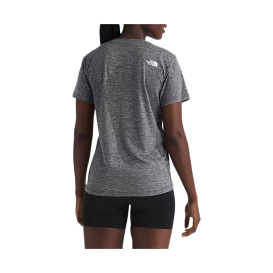 Heather gray short-sleeve athletic T-shirt shown from the back with a small white logo on the upper back.