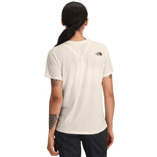 Cream short-sleeve crewneck T-shirt shown from the back with a small logo on the upper right back