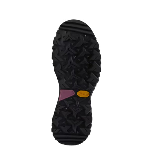 Black hiking shoe outsole with deep lugs and a Vibram badge