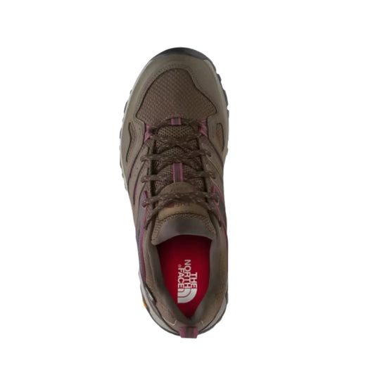 Brown low-top hiking shoe with mesh upper, laces, and red insole