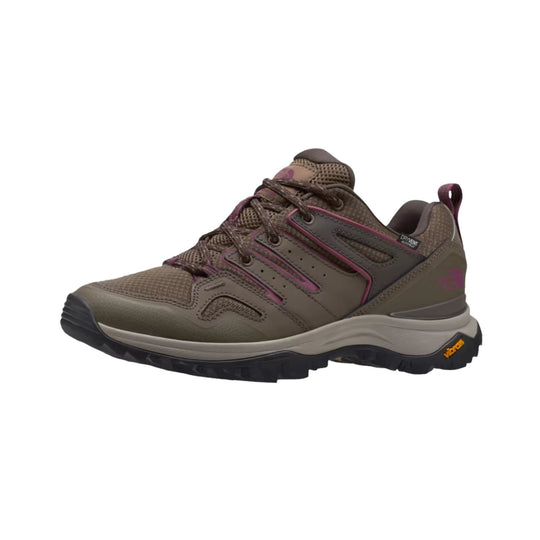 Brown low-top hiking shoe with mesh upper, purple trim, and rugged tread
