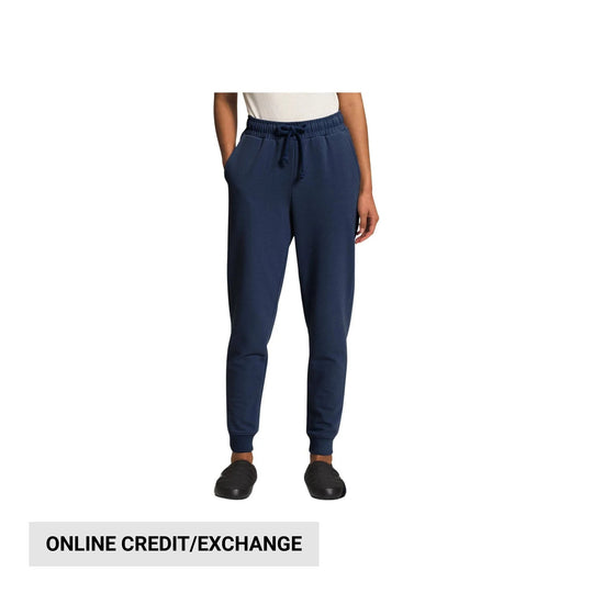 Navy jogger pants with drawstring waist and tapered legs