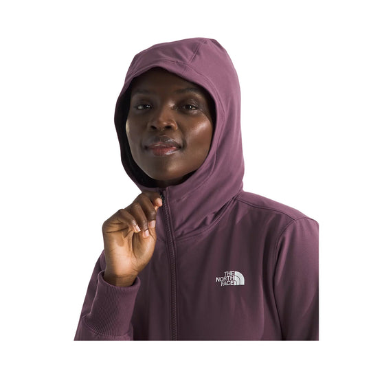 Plum hooded zip-up jacket with The North Face logo on the chest