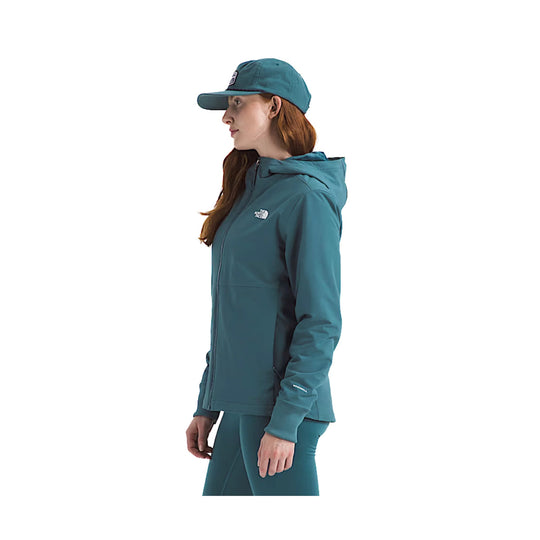 Teal hooded zip-up jacket with matching cap, shown in side view