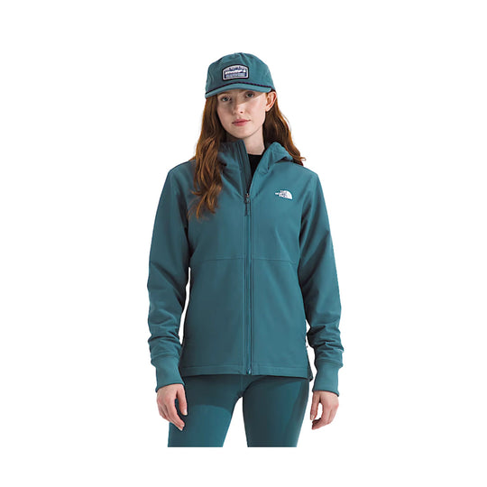 Teal hooded zip-up jacket with matching cap on model