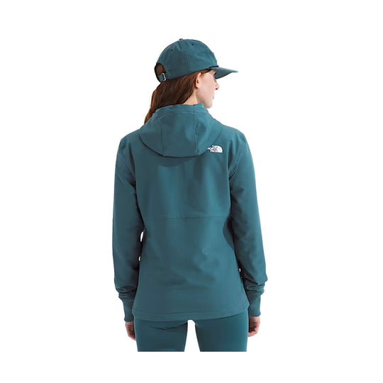 Teal hooded jacket and matching cap shown from the back, with a small The North Face logo on the upper back