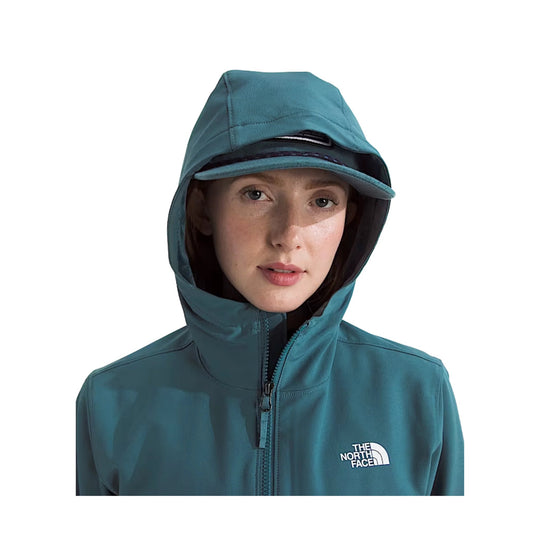 Teal hooded jacket with front zipper and The North Face logo on chest