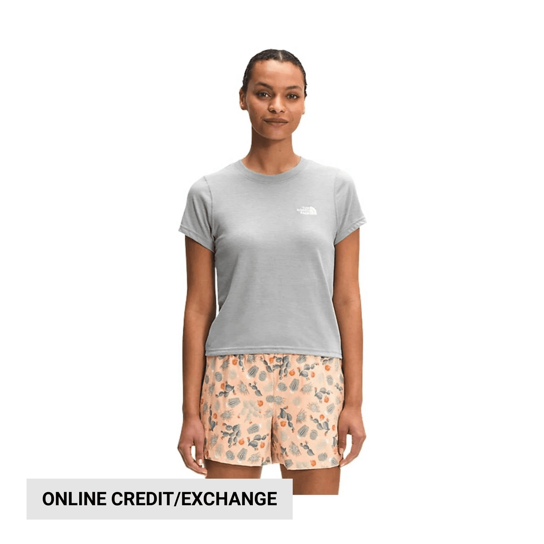 Model wearing a light gray short-sleeve T-shirt with floral shorts, with an "ONLINE CREDIT/EXCHANGE" banner at the bottom.