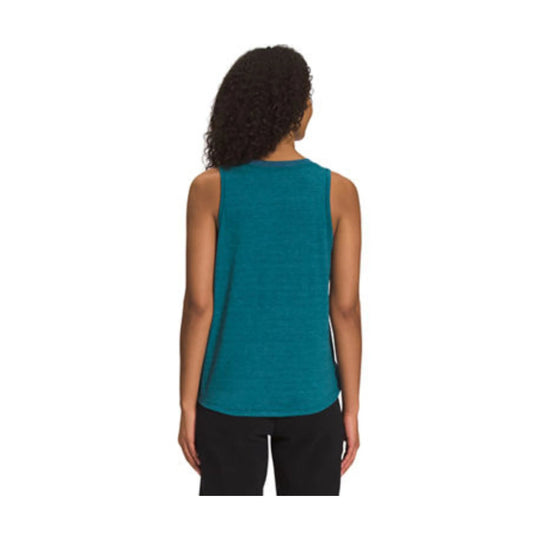 Teal sleeveless tank top shown from the back on a model
