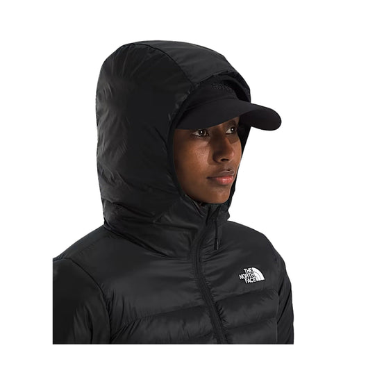 Black hooded puffer jacket with a front zipper and chest logo