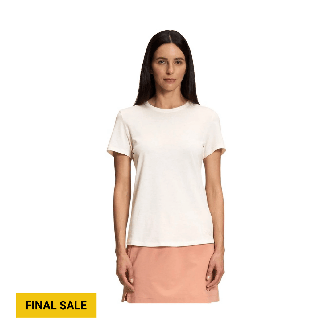 White short-sleeve crewneck T-shirt shown on a model, with a yellow FINAL SALE label