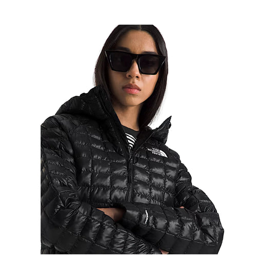 Black quilted hooded puffer jacket with zip front and small chest logo