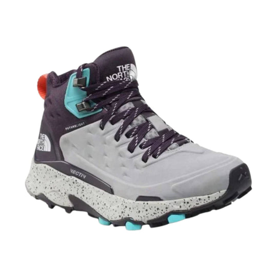Grey and dark purple mid-height hiking boot with speckled sole, teal heel detail, and black laces