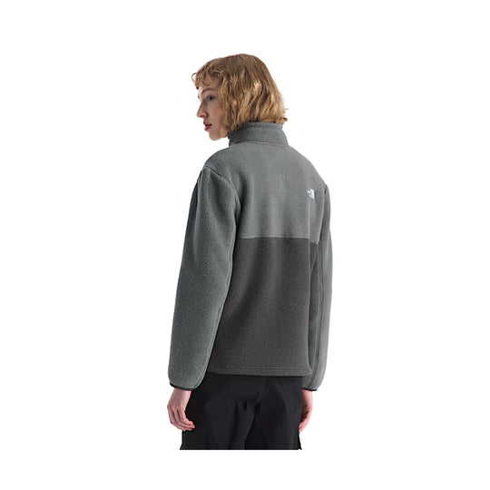 Two-tone gray fleece jacket shown from the back, with a high collar and small logo on the upper back.