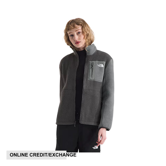 Gray fleece zip-up jacket with chest pocket and The North Face logo, worn over black pants