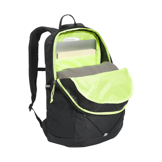 Black backpack with neon yellow trim, open to show laptop sleeve and front flap pocket