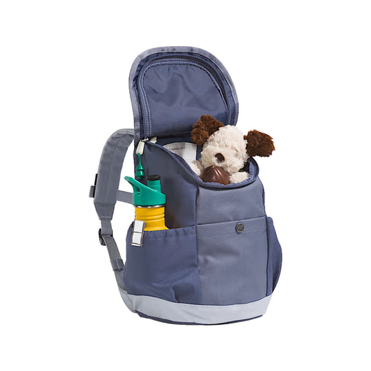 Small blue-gray kids' backpack with open top compartment, front pocket, side pocket, and stuffed toy inside