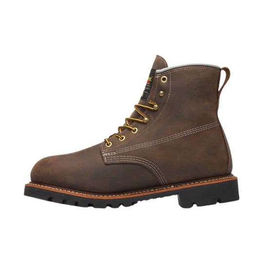 Brown leather lace-up work boot with black lug sole and pull tab