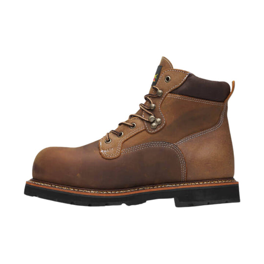 Brown leather work boot with moc toe, metal eyelets, and black lug sole