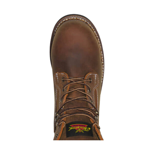 Brown leather work boot with round toe, contrast stitching, and a lace-up front