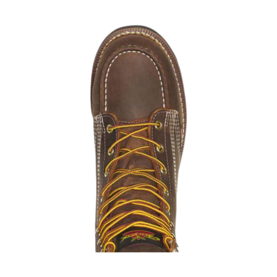 Brown leather lace-up work boot with moc toe stitching and yellow laces, top-down view