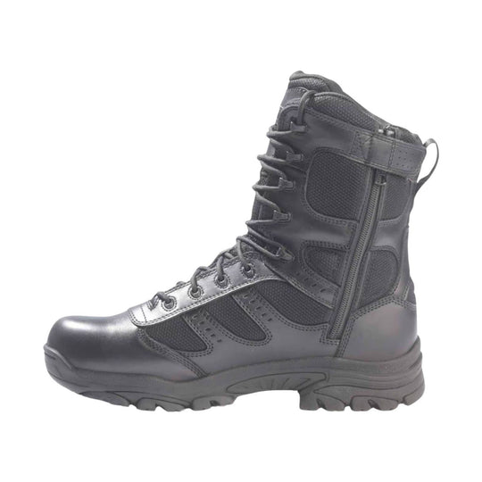 Black tall work boot with side zipper, mesh panels, and lugged sole