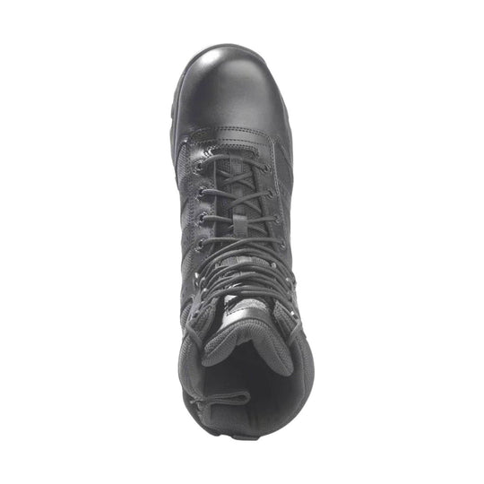 Black lace-up work boot with a padded collar and reinforced toe, shown from above