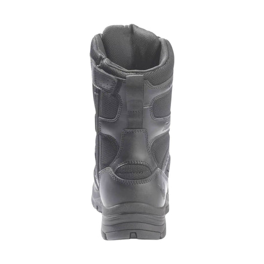 Black tall work boot shown from the back, with padded collar, side zipper, and thick lug sole