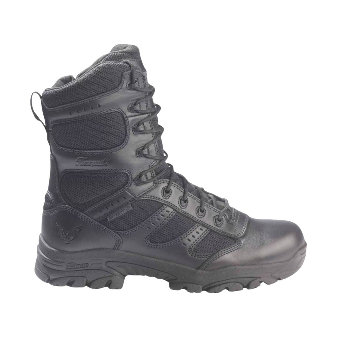 Black lace-up work boot with side zipper, mesh panels, and rugged lug sole