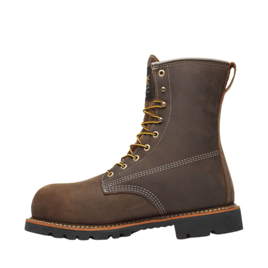 Brown leather 8-inch work boot with yellow laces and black tread sole