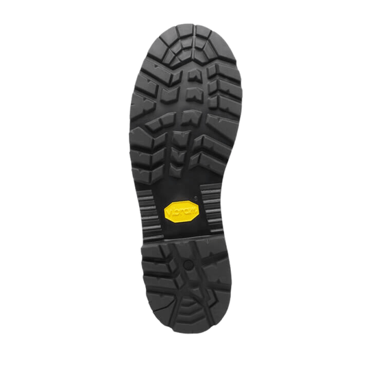Black lugged boot outsole with a yellow Vibram logo
