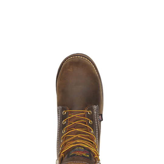 Brown waterproof work boot with yellow laces and a round moc toe, shown from above