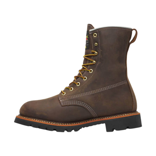 Brown leather lace-up work boot with yellow laces and black lug sole