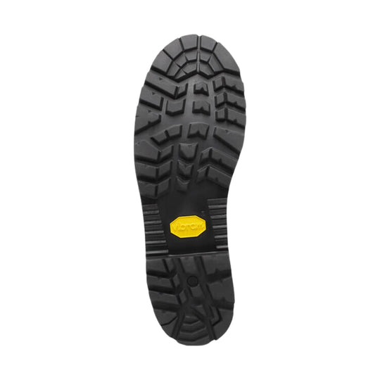 Black lugged work boot outsole with a yellow Vibram badge
