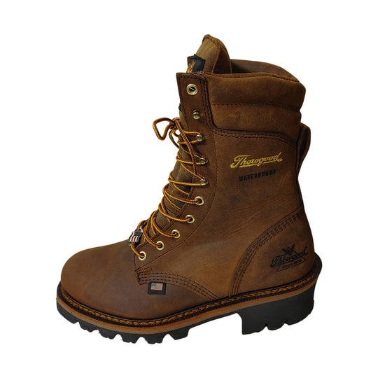 Brown lace-up leather work boot with black lug sole and waterproof marking