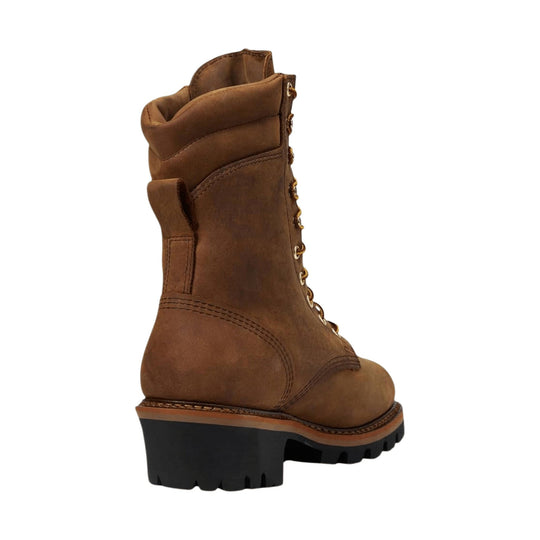 Brown lace-up work boot with a thick black lug sole and folded cuff