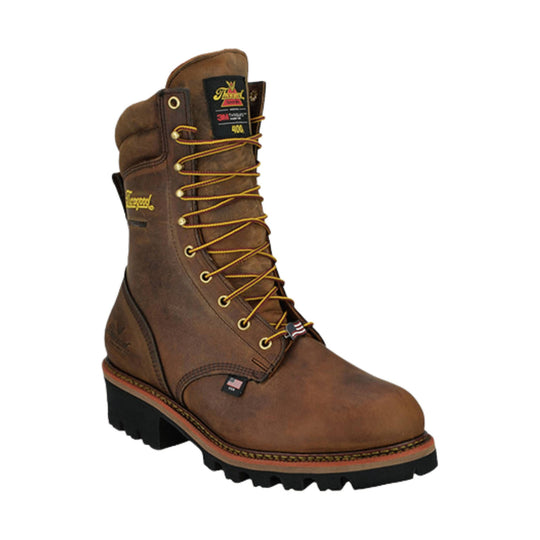 Brown leather lace-up work boot with yellow laces, lug sole, and visible Thorogood label