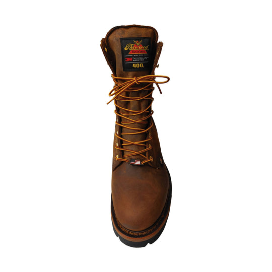 Brown lace-up work boot with a tall shaft, lug sole, and visible Thorogood and 3M Thinsulate labels