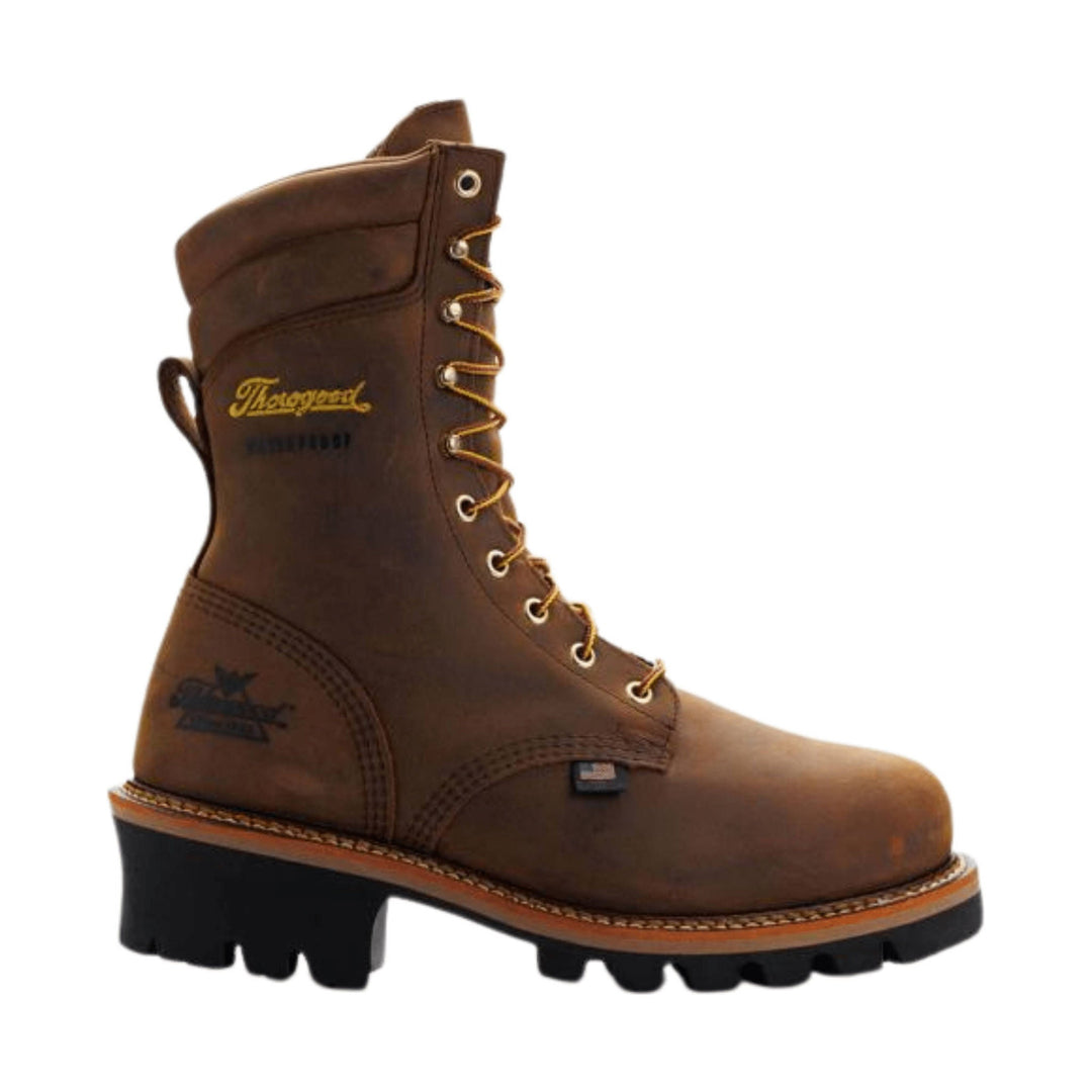 Brown lace-up work boot with lug sole and pull loop