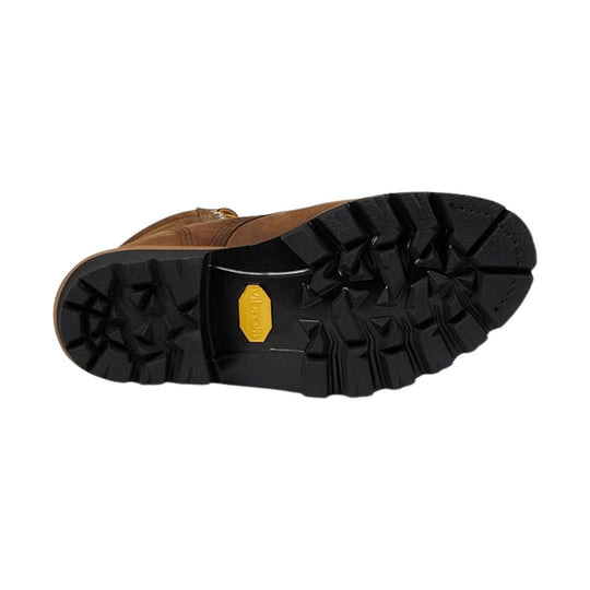 Brown leather work boot shown from the outsole, with a black lugged tread and yellow heel logo