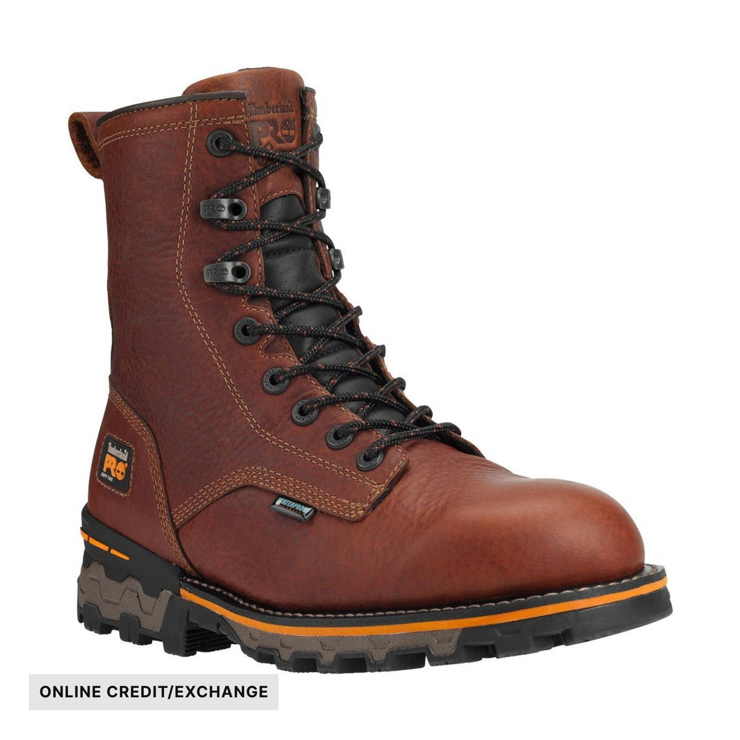 Brown leather lace-up work boot with black laces and rugged tread, showing an ONLINE CREDIT/EXCHANGE label